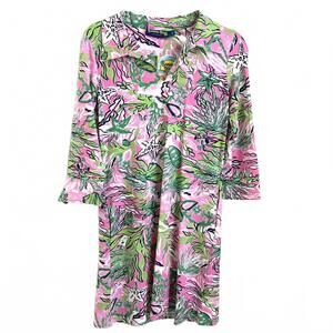 Banana Boat | Long Sleeve Polo Swim Dress Pink Green Tropical Pockets UFP 50+ M